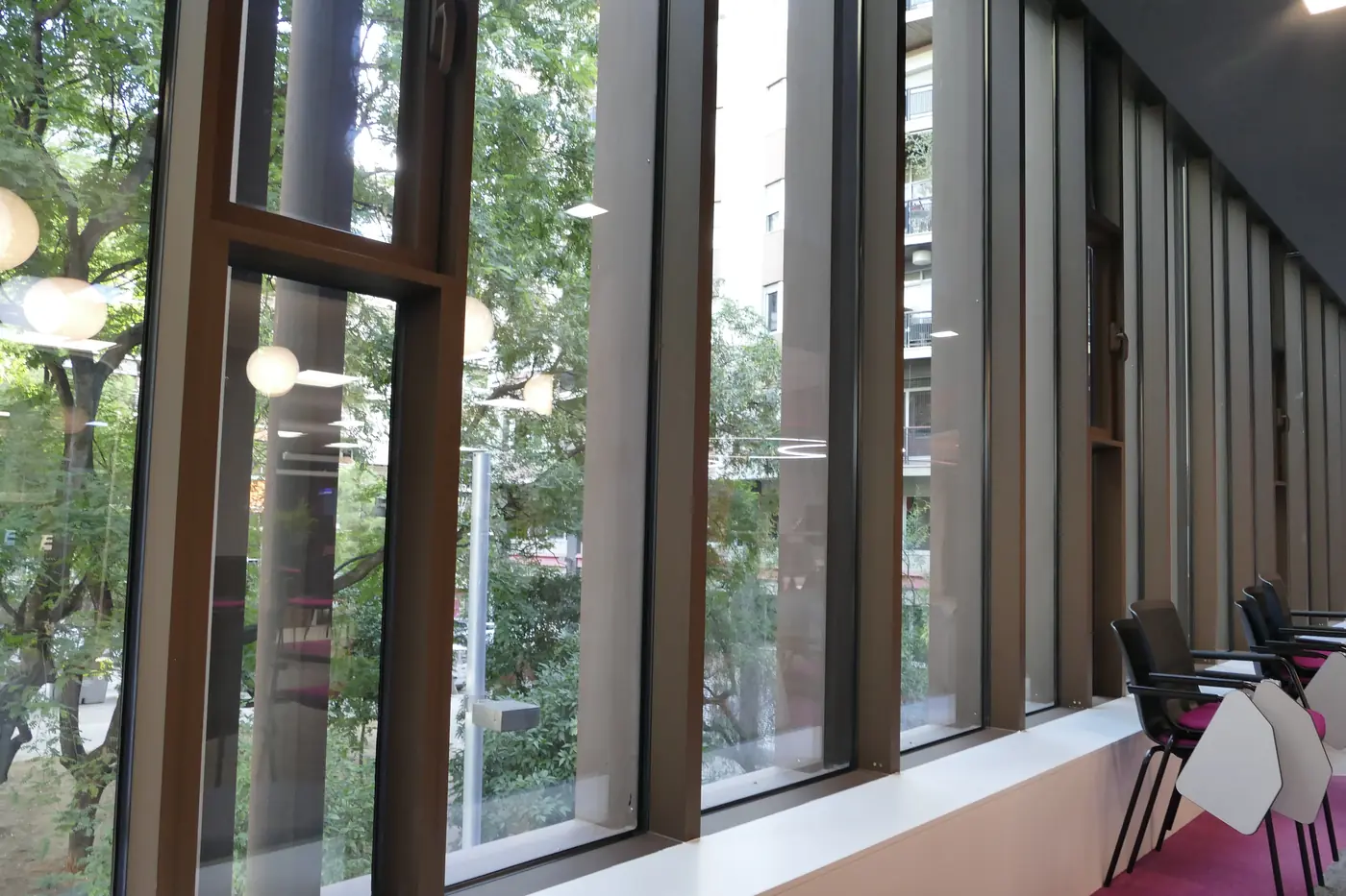 Galería de ventanales de la oficina, con arbolado al otro lado del vidrio.